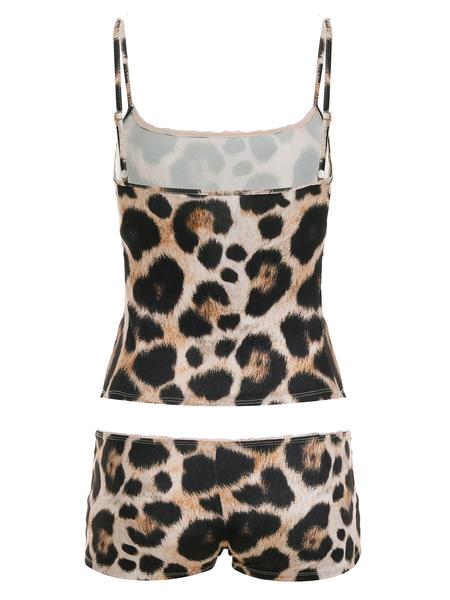 Lace Trim Leopard Print Spaghetti Strap Top & High Waist Shorts Set, Y2K Style Summer, Slim-Fit Women's Clothing