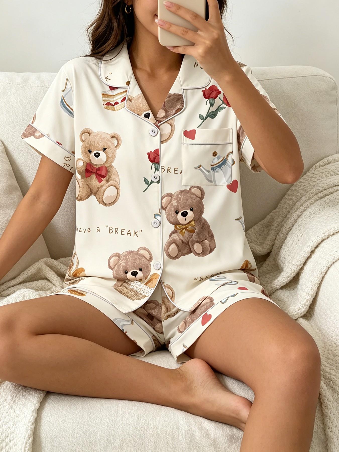 Women's Short Sleeve Button Down Top and Shorts Pajama Set, Spring Summer Wear, For French Romantic Lovers, White Base Rose Teddy Bear Print, Classic Lapel Collar, Loose Fit, Comfortable For Home & Travel