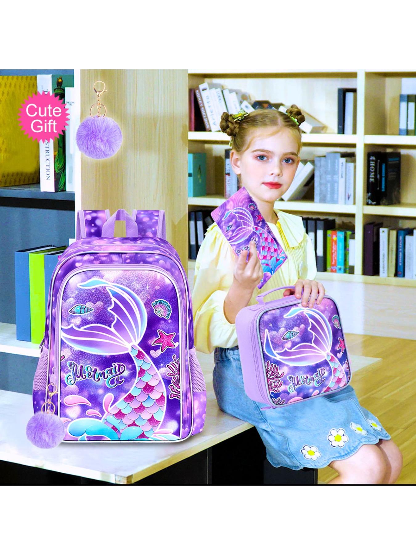3Pcs Mermaid Backpack for Girls, 16" Kids Fishtail Bookbag with Lunch Box, Cute Schoolbag for Preschool Kindergarten Toddler(Rainbow)
