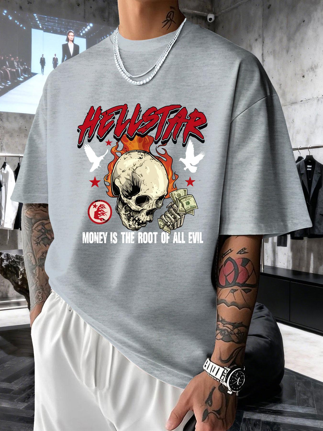 Men's Short Sleeve T-Shirt Summer Hellstar Flame Skull Dollar Print, American High Street Dark Fashion, Loose Fit Drop Shoulder Top