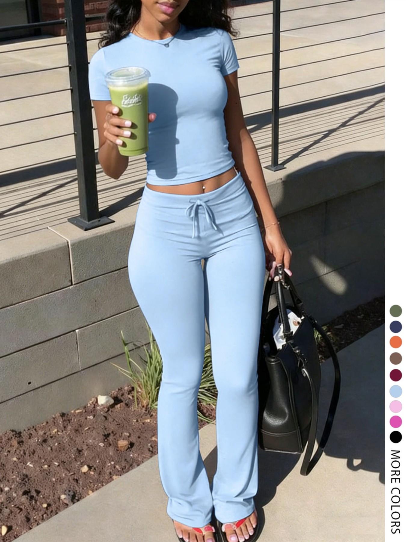 LovelyWholesale - US Women's Fashion Casual Solid Color Round Neck Short Sleeve T-Shirt Top and Drawstring Pants Two-Piece Set, Spring and Summer Clothing