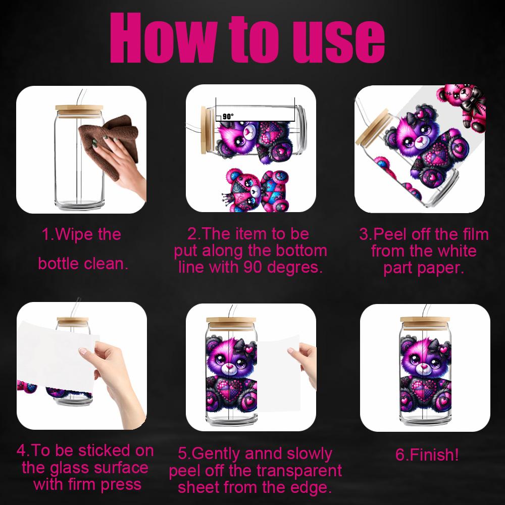 8-Piece Set, 4 Designs X 2 Pieces, 16 Oz UV DTF Crafts Cup Stickers, Bear Pattern 3D Decals, Durable Mixed Color Transfer Material
