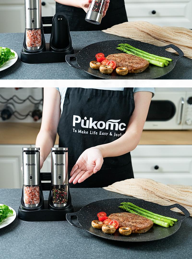 PUKOMC Rechargeable Salt & Pepper Grinder Set: 6 Settings, One-Hand Use,Detachable for Cleaning - Includes 12 Refills & Accessories! Kitchen Seasoning Utensils Coarseness Adjustable Base Style