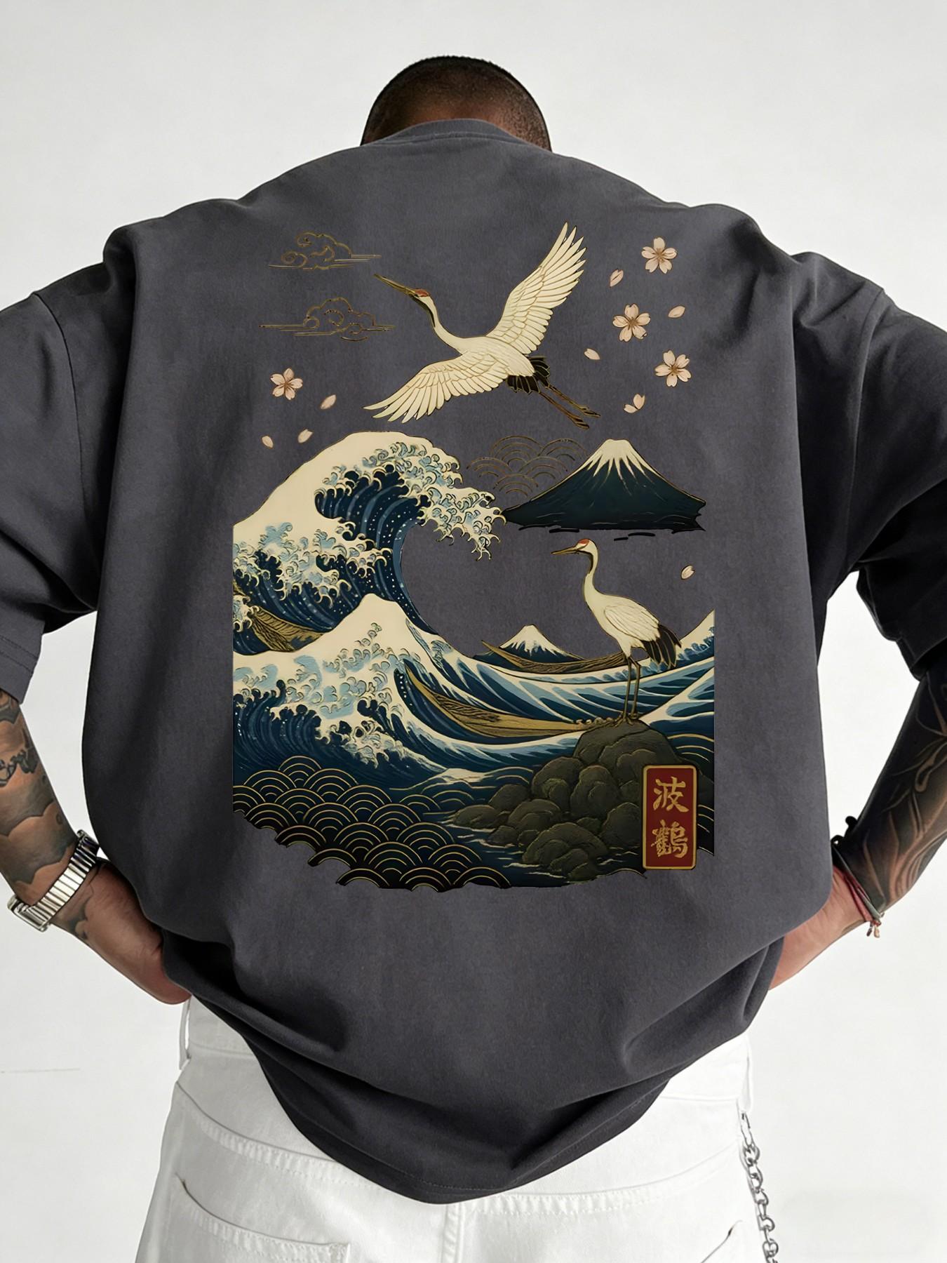 Men's Plus Size Loose Fit Round Neck Short Sleeve T-Shirt, Wave and Crane Print, Asymmetric Japanese Art Design, Beach Music Festival Daily Wear