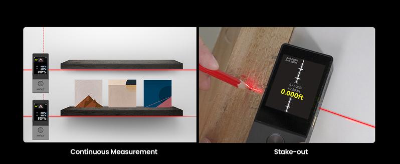 Mileseey D9 Pro 330Ft Professional Laser Measurement Tool, equipped with an IPS touchscreen interface, point-to-point measurement, live angle display, APP sync support, and a laser measuring tool with a visual aligning indicator. Rechargeable Range Finder