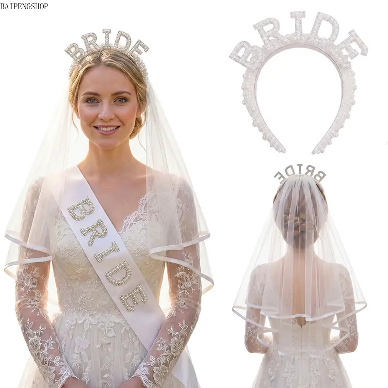 3‑Piece Bride Accessory Set, Bridal Headband, Bridesmaid Shoulder Sashes & Veil, Bachelorette Singles Party Supplies, Wedding Ceremony Photoshoot Prop, Ideal Wedding Gift, Festive Party Decor Accessory for Bridal Events