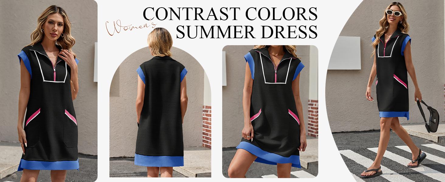 Fisoew Womens Summer Sleeveless Mini Dress Casual Half Zip Cap Sleeve Contrast Loose Sweatshirt Dresses