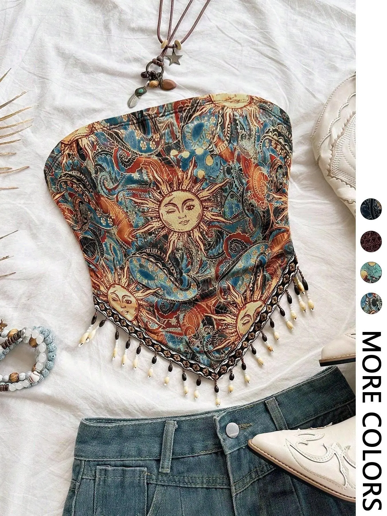 Women's Strapless Celestial Sun Paisley Print Tube Top, Boho Handkerchief Hem Beaded Fringe Bandeau Crop Top for Summer Vacation, Festival, Beach Travel, Concert and Casual Outfits,y2k
