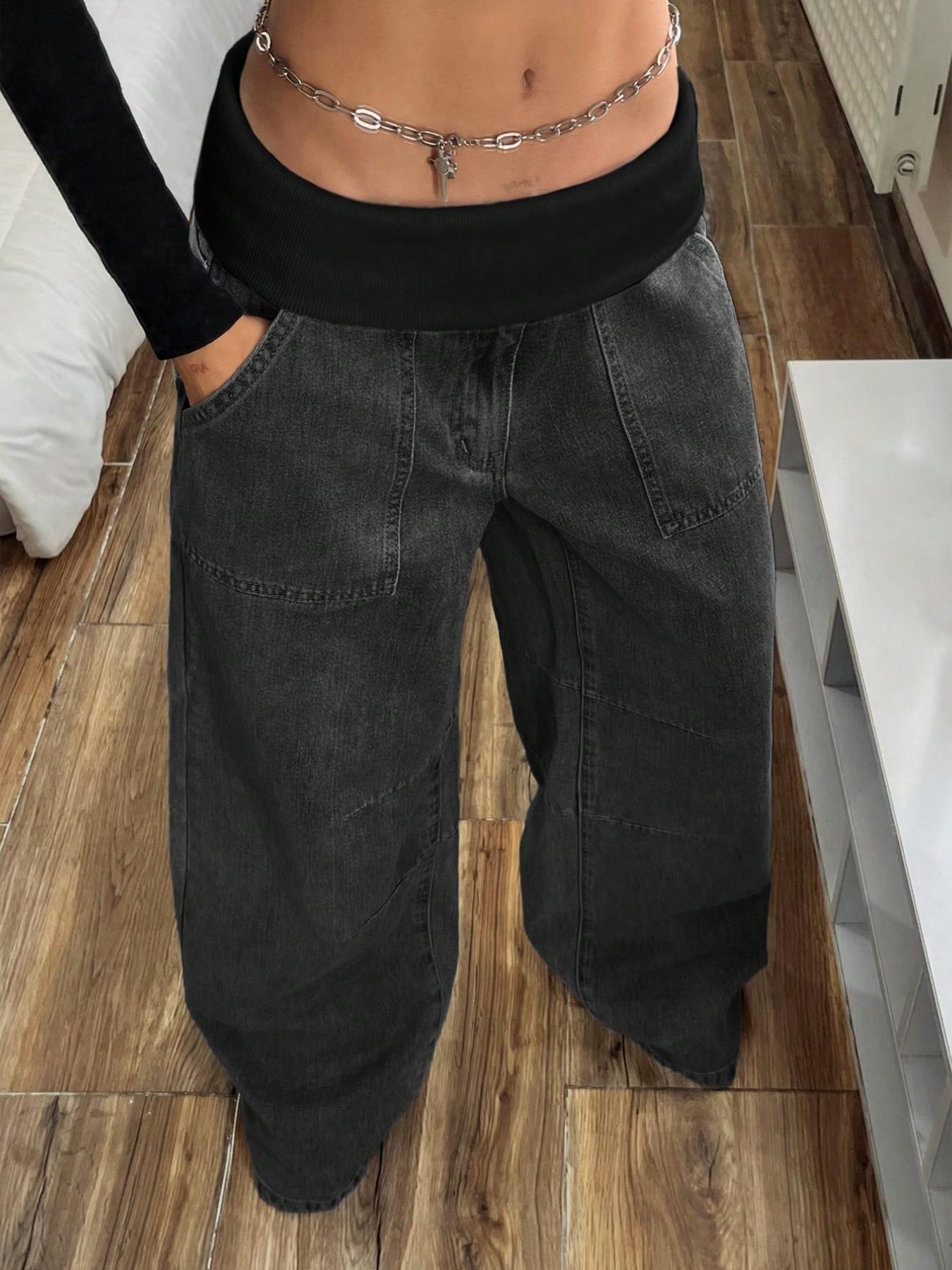 Women's Elastic Waist Oversize Loose Jeans, Four-Season Street Style Wide Leg Pants with Pockets, Casual Y2K Fashion for Outdoor Wear Bottoms, Streetwear