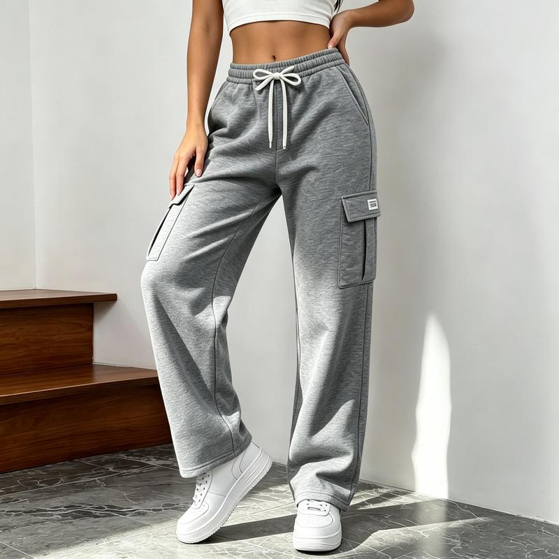 Women's Y2K High-Waist Wide-Leg Cargo Sweatpants - Drawstring, Multi-Pocket, Slogan Print, Baggy Sportswear Athletic Bottom Piece, All Season Daily & Lounge Trousers, Machine Washable