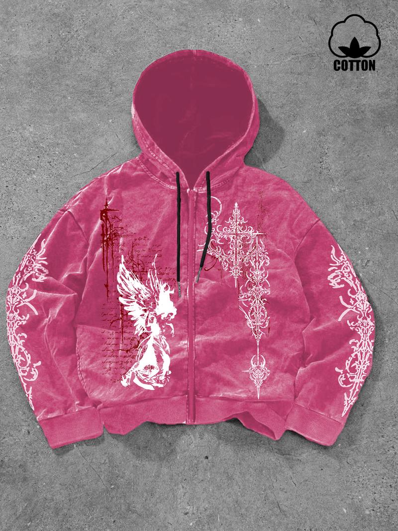 Men's Washed Cotton Hoodie Cardigan, Gothic Print, Casual Long Sleeve Pullover, Fall & Winter Fashion, Comfortable and Stylish