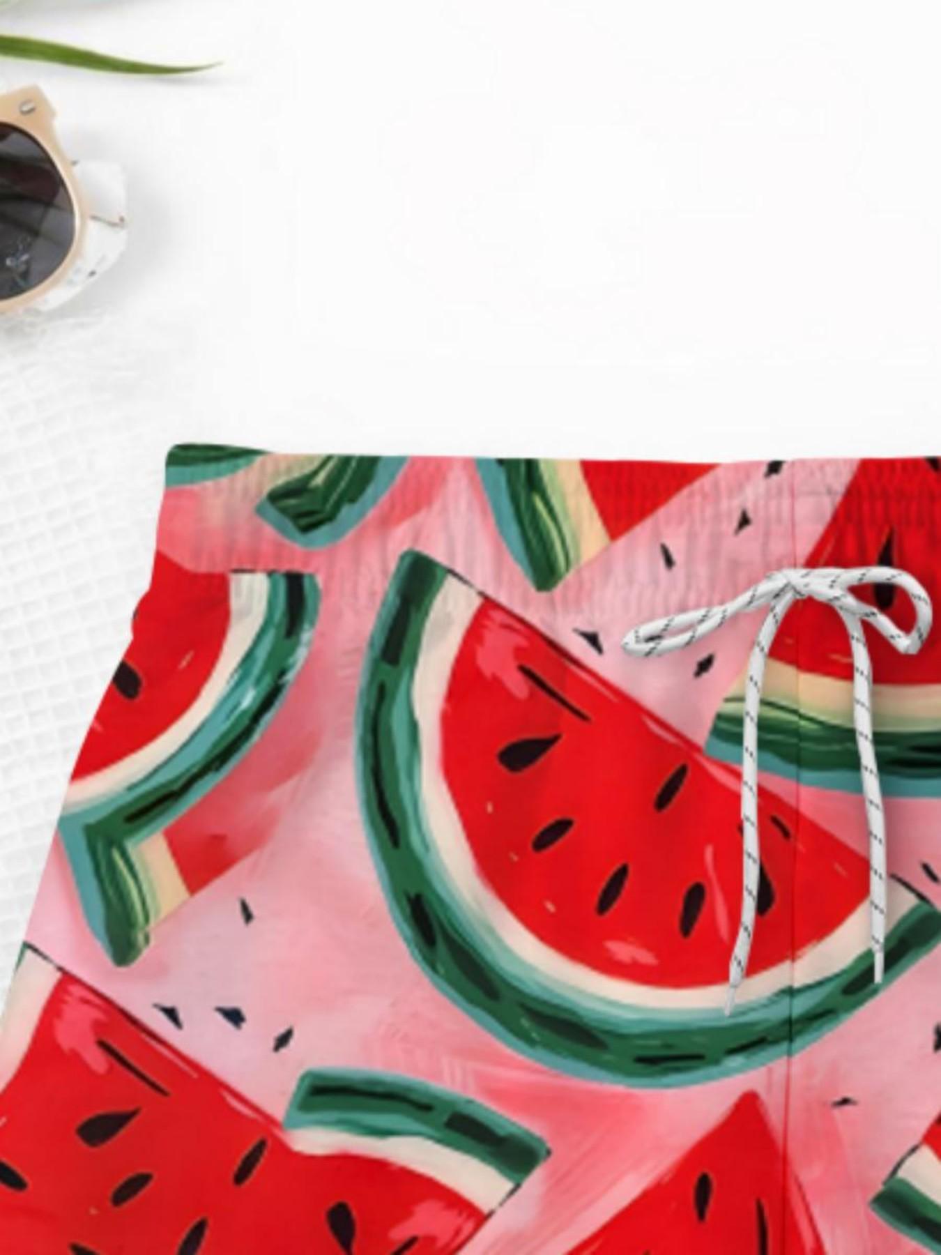 Summer Boys' Watermelon Print Drawstring Beach Pants, Loose Fit Short Swim Trunks, Casual Cartoon Pattern, Ideal for Vacation