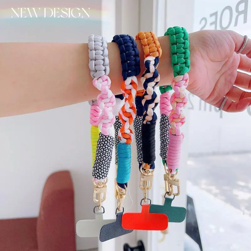 Short Twisted Braided Phone Lanyard with Colorful Card Keychain, Anti-Lost Trendy Wrist Strap and Fashionable Short Cord Accessory