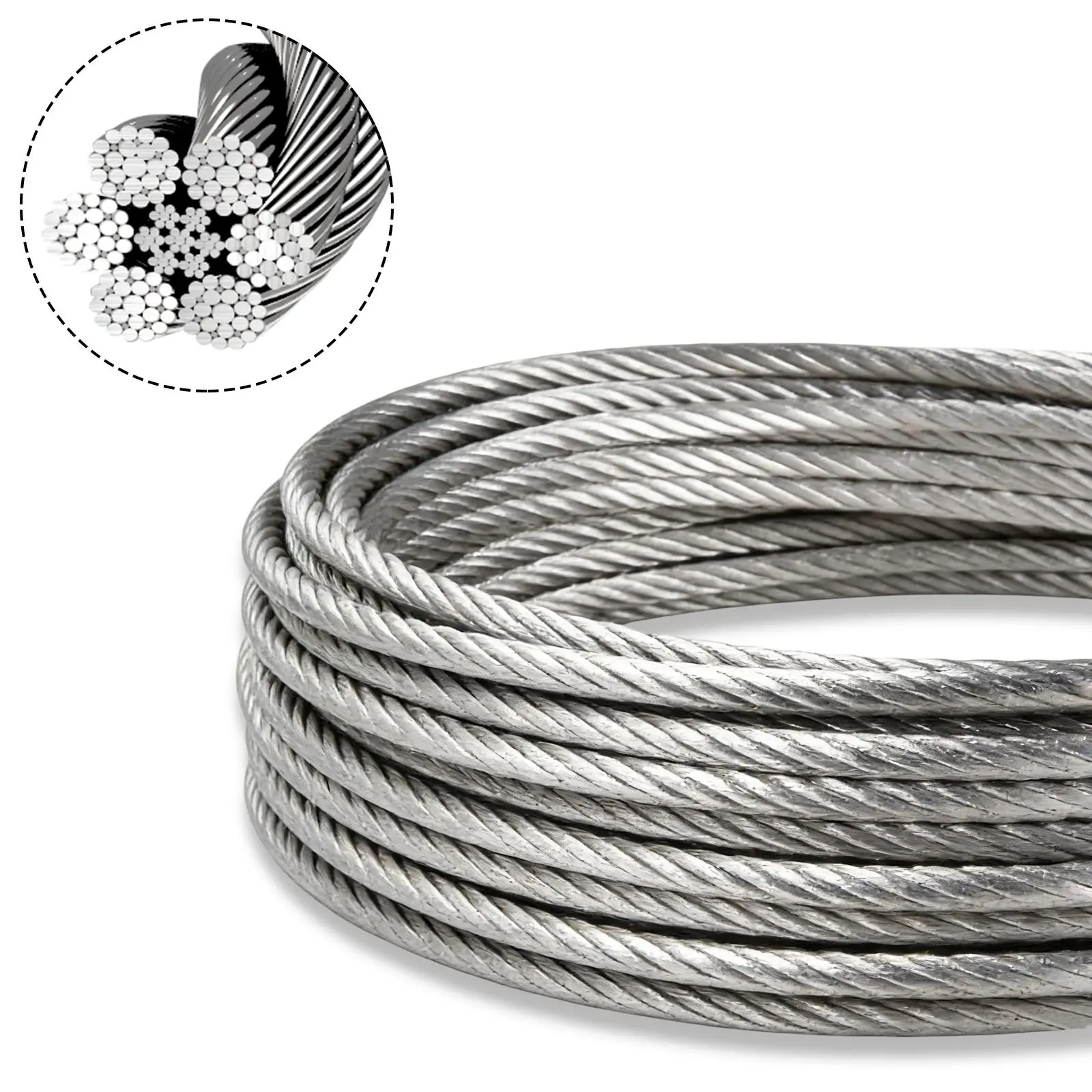 3/8" Heavy Duty Weather Resistant Stainless Steel Wire Rope Cable, 100 Ft 7x19 Strands Coiled Roll, 12000 Lbs High Strength Breaking Load, M10 Thimbles & Clips for Outdoor Dock Lifts, Deck Railing Support,home decor