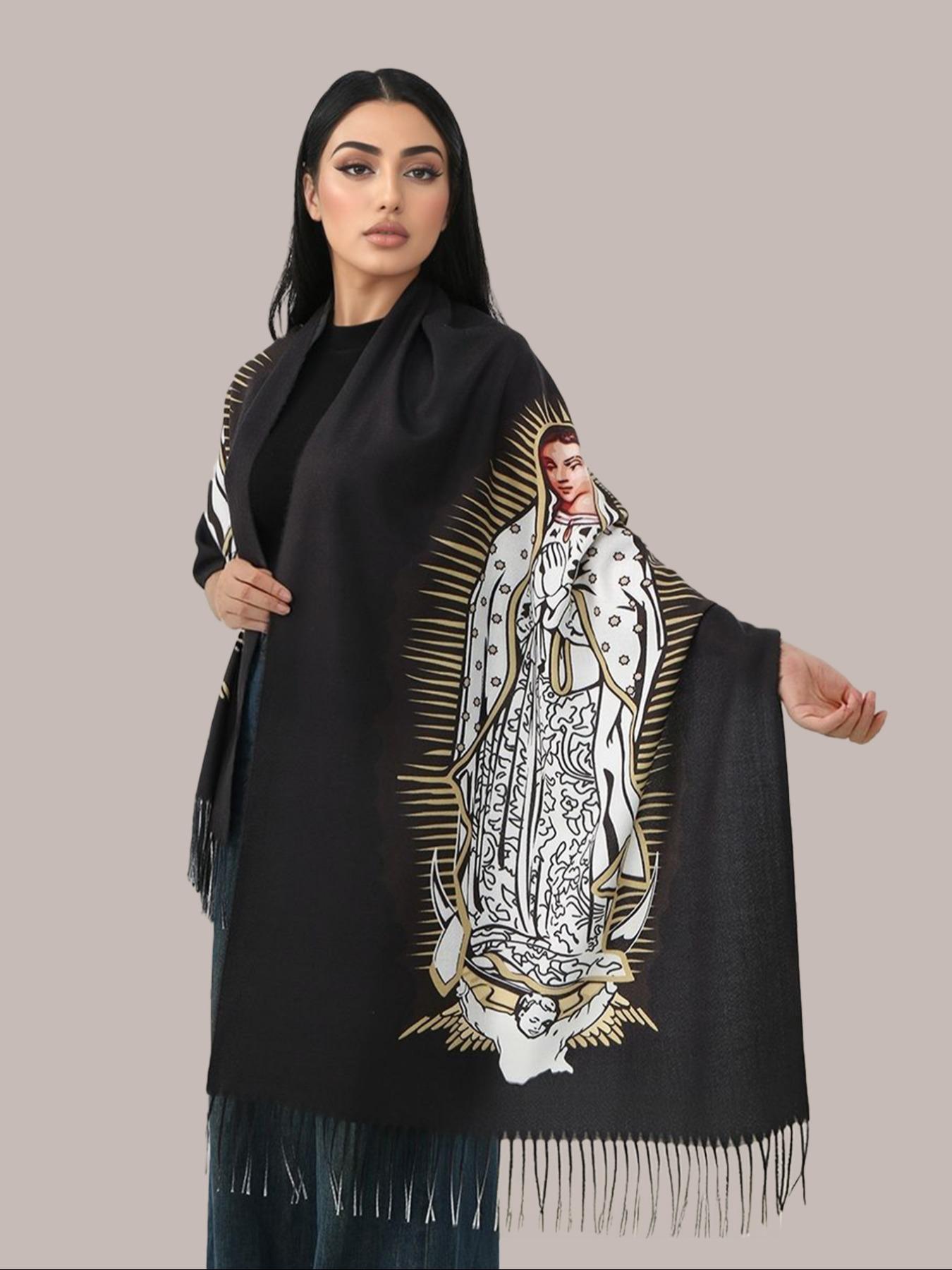 Elegant Printed Polyester Scarf with Tassel Fringe, Shawl Wrap for Women, Windproof & Warm, Perfect for Parties & Gifts, Tassel Decor Shawl