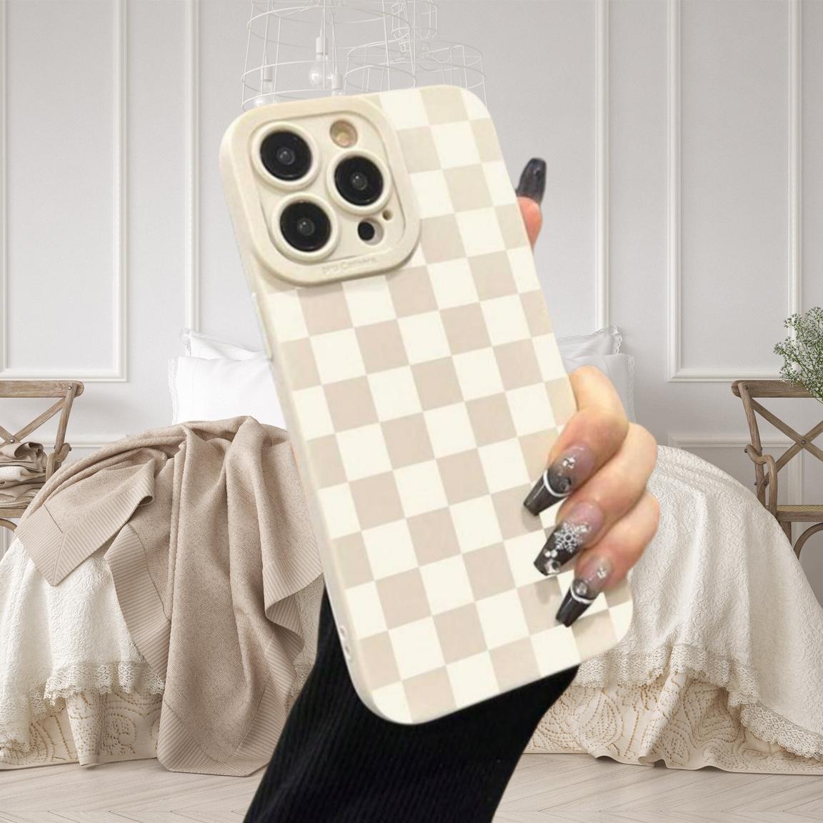 Checkerboard Pattern Phone Case, Anti-drop Cellphone Protective Case, Total Protective Shockproof Mobile Phone Cover for iPhone 11 12 13 14 15 16 17 Pro Max, Casing, Protector, Smartphone, Cream
