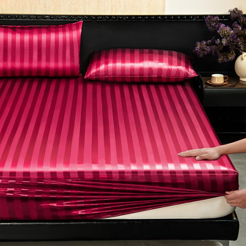 Luxury Striped Satin Fitted Sheet 3 Piece Set, Cooling Deep Pocket, Wrinkle & Fade Resistant, Hotel Style for Hot Sleepers
