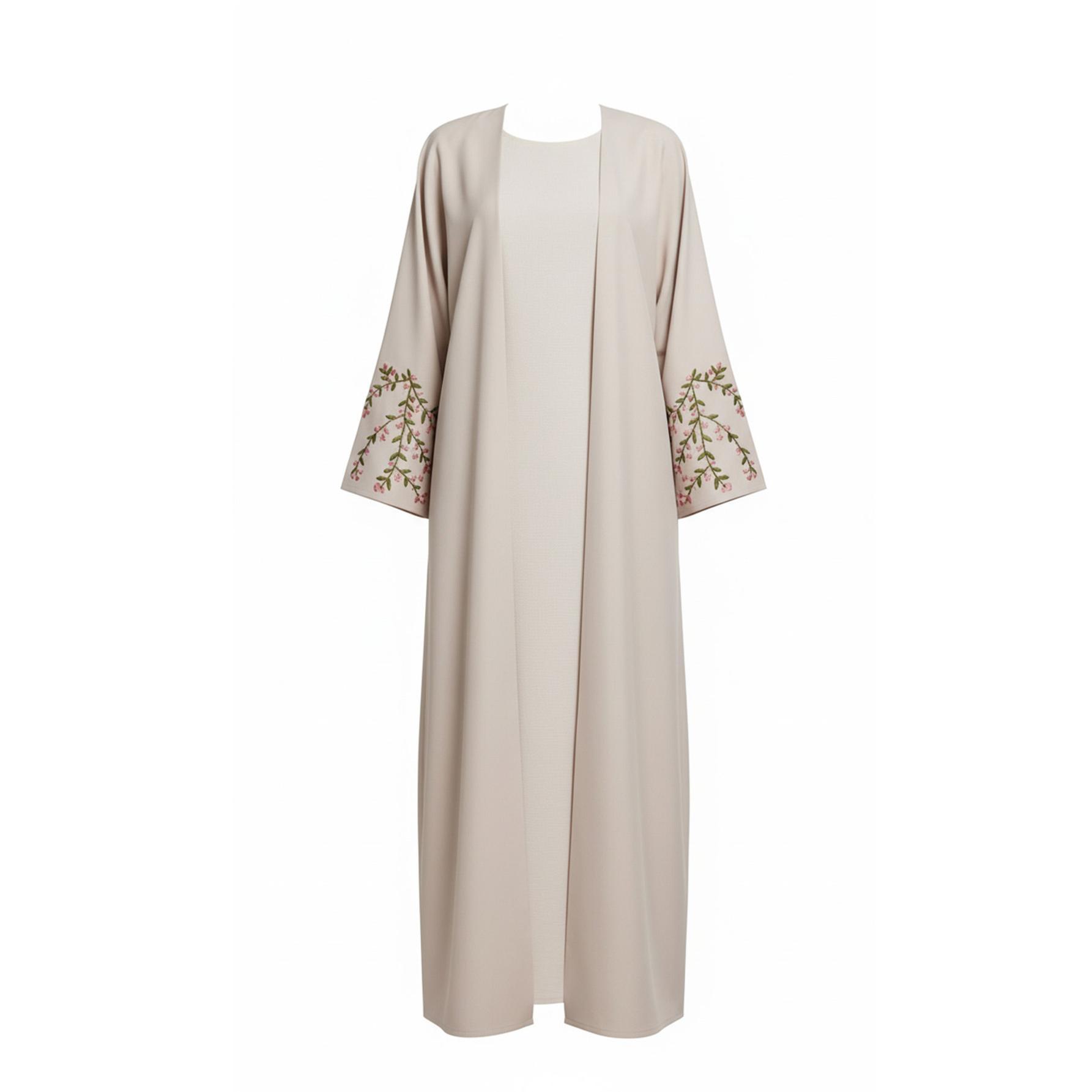 Elegant Beige Floral Embroidered Open Abaya Modest Kimono Gown | One Size Fits All S-2XL | Perfect for Ramadan, Eid, Resort Wear & Daily Chic