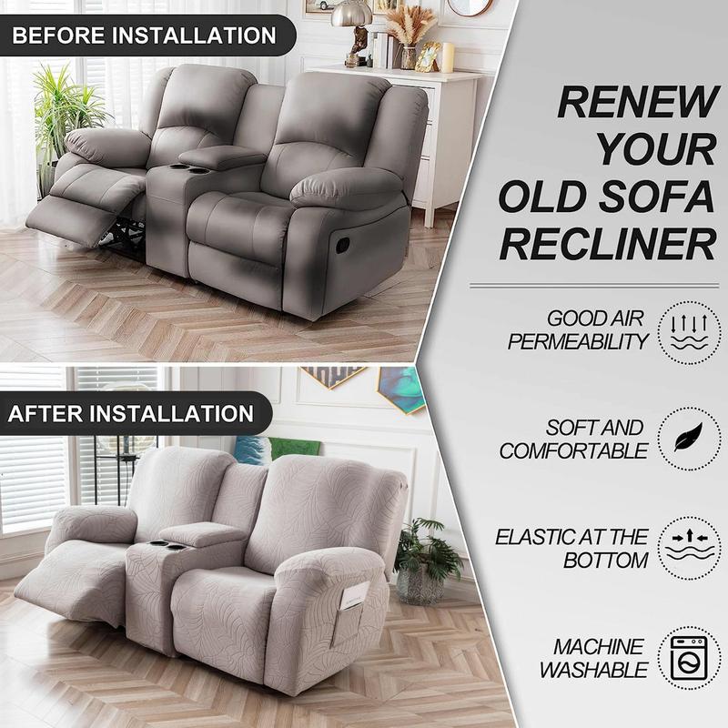 Recliner Loveseat Cover with Center Console, 2 Seater Leaf Jacquard Recliner Sofa Slipcover with Pockets ,Washable Furniture Protector #TikTokShopBlackFriday