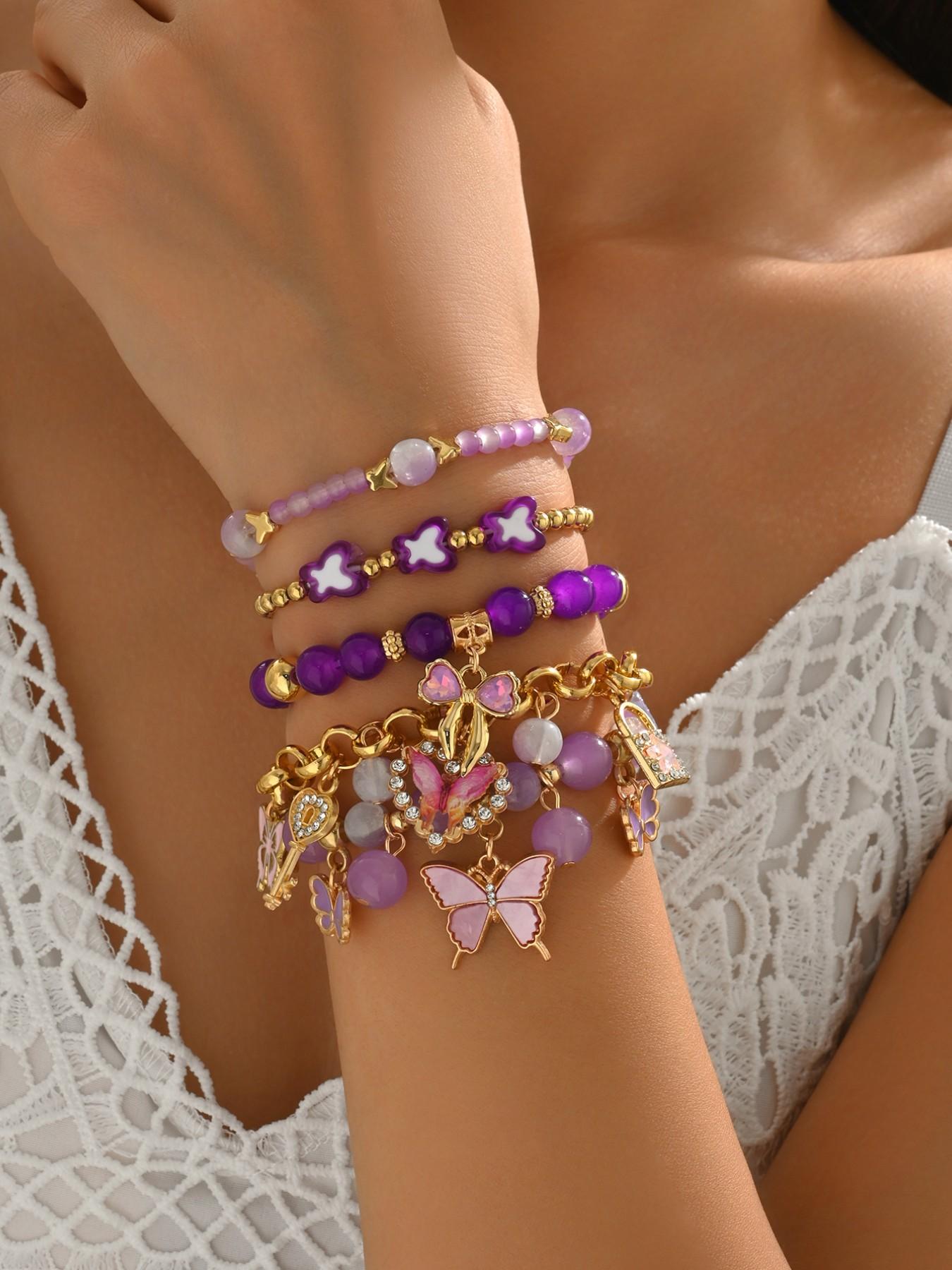 5Pcs Purple Butterfly Beaded Charm Bracelet Stack Set, Multi-Piece Stretchable Layered Bracelets with Gold Tone, Y2K Boho Style, Perfect for Daily Wear, Festival, Beach, Casual & Formal Occasions