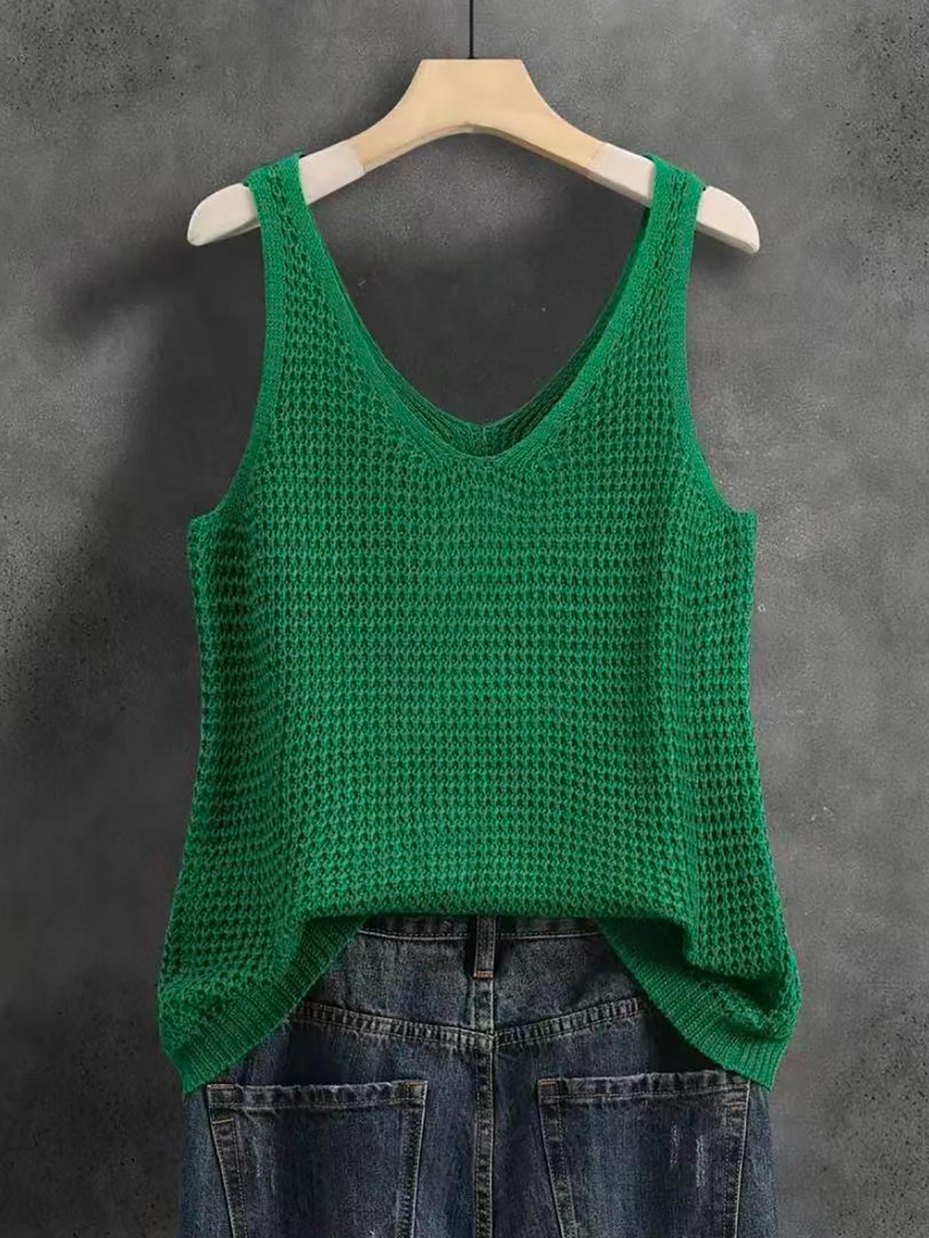 Women's Sleeveless V-Neck Knit Top, Summer Outerwear, Slimming Comfortable Loose Fit, Elegant Casual Design, Breathable Mesh Vest