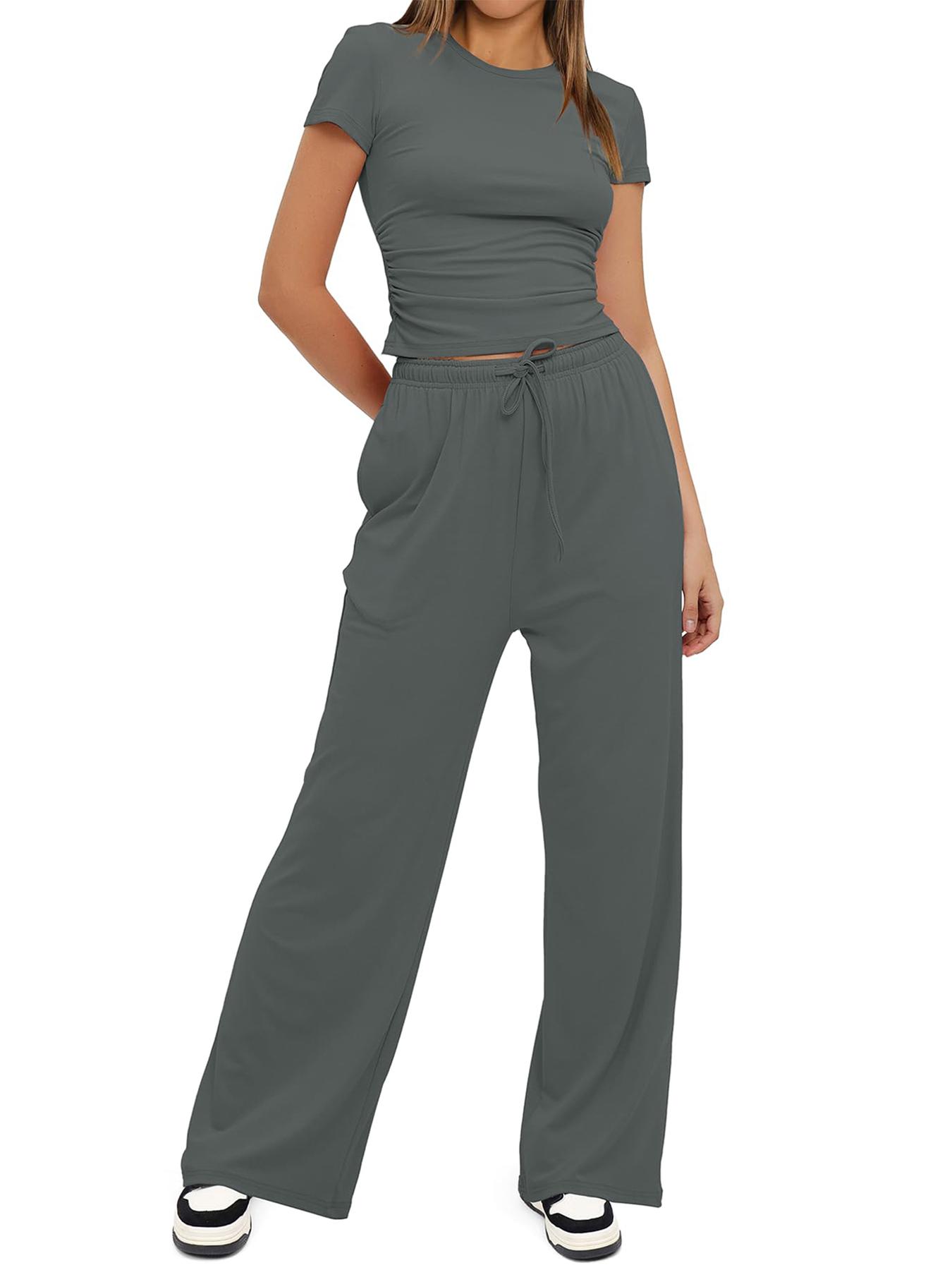 Women's Spring Summer Casual Chic Set, Round Neck Short Sleeve Top & Wide Leg Pants, Slim Fit Home Wear, 2 Piece, Ruched Design, Drawstring