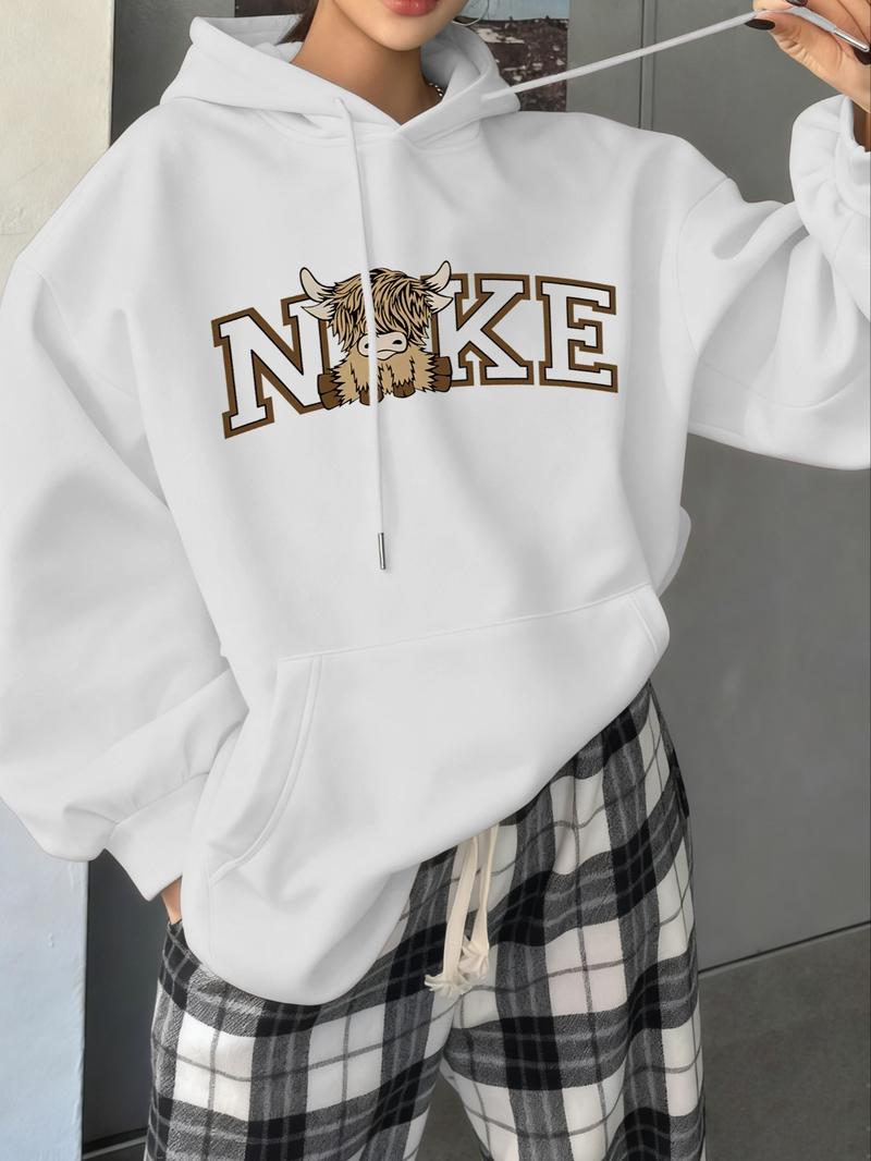Women's Drawstring Hoodie with Highland Cow & Letter Print, Loose Fit Long Sleeve Casual Top for Fall & Winter