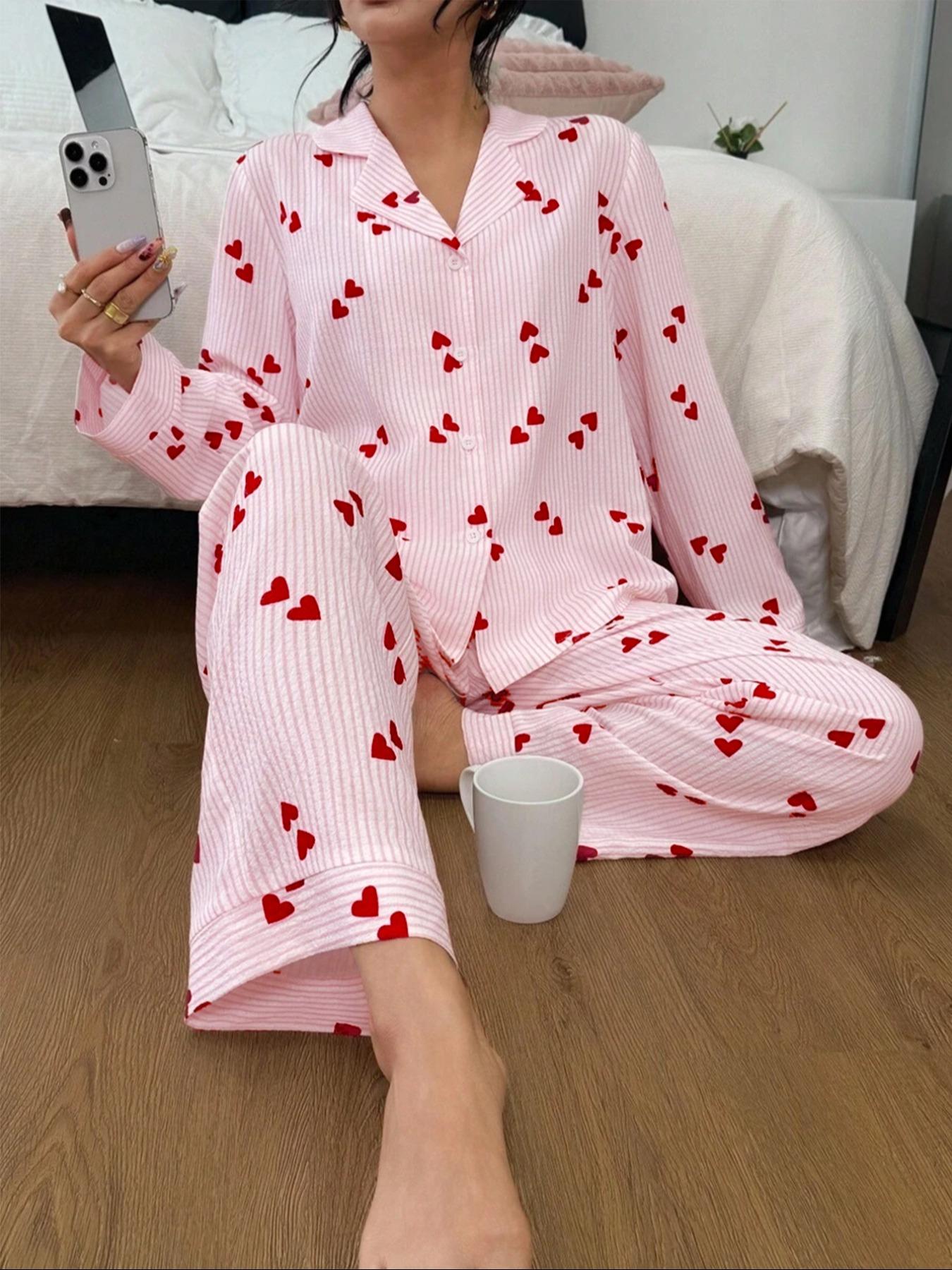 Women's Heart Stripe Print Button Front Shirt and Elastic Waist Pants Pajama Set, Cute Sleepwear for Spring & Fall, pjs