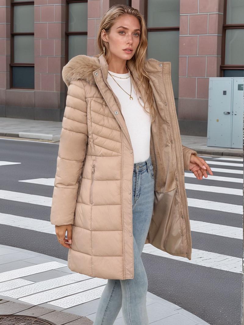 Women's Fall Winter Mid-Length Cotton Coat, Faux Fur Hood and Collar, Casual Fashion Outerwear with Side Pockets and Zipper Design, Quilted Puffer Coat