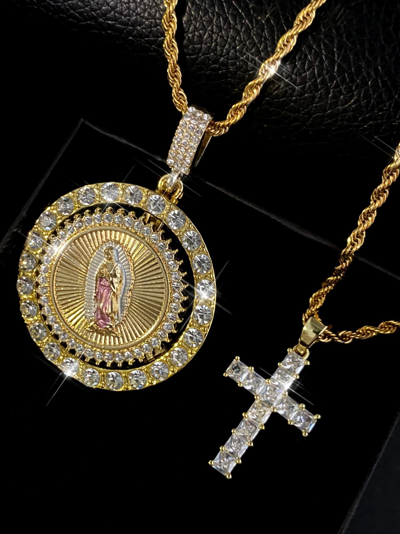 Virgin Mary Pendant Rope Chain & Cross Pendant Necklace, Rhinestone Decor Layered Necklace, Fashion Jewelry Accessories for Women & Men, Cross Necklaces