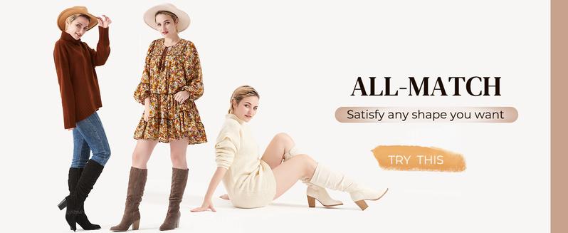 Women's Pointed Toe Knee High Boots Faux Suede Slouch Boots with Chunky Heel