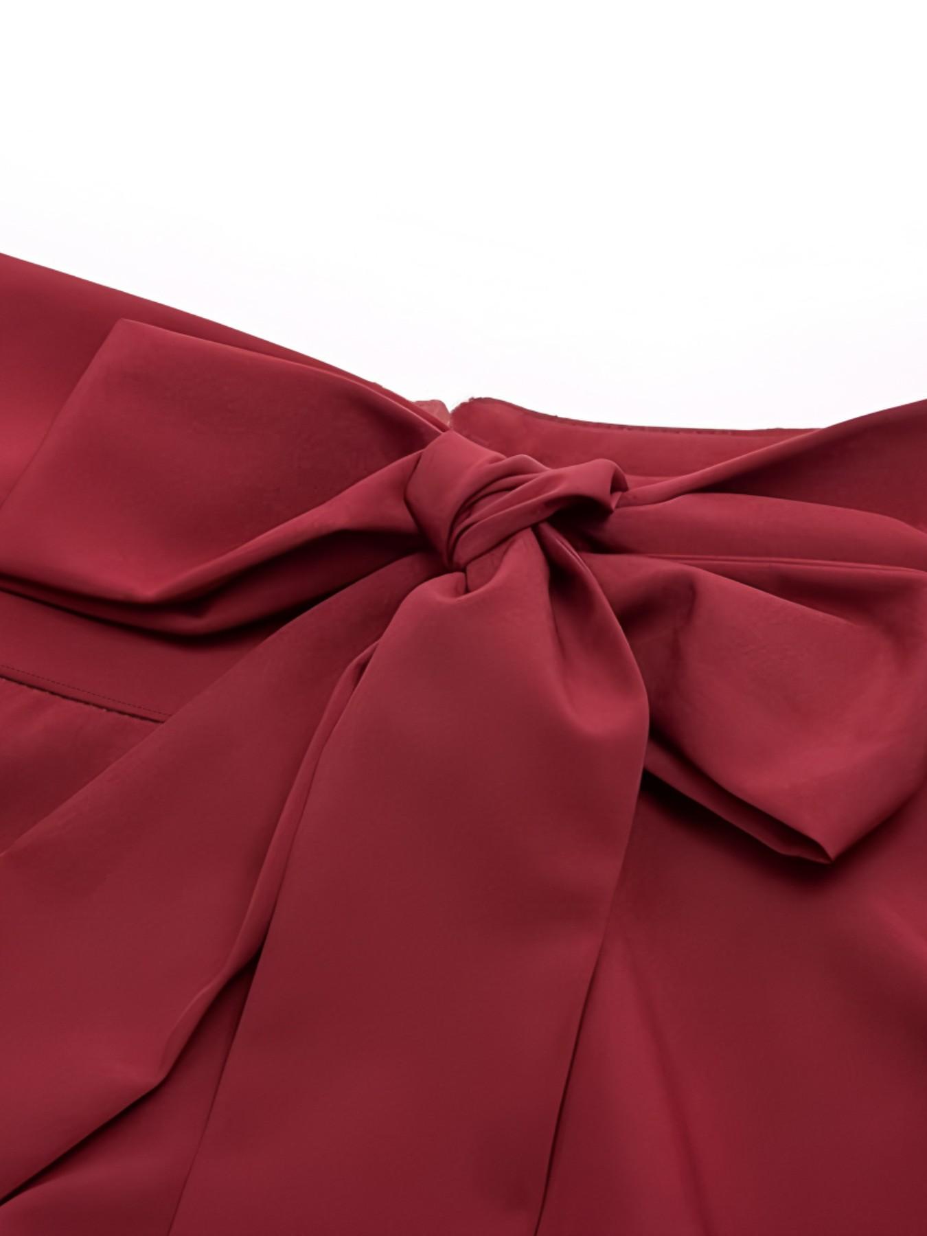 New Spring Summer Women's Solid Color Midi Skirt High Waist Zipper Design Umbrella Hem Bow Belt Elegant Fashion Commuter Versatile