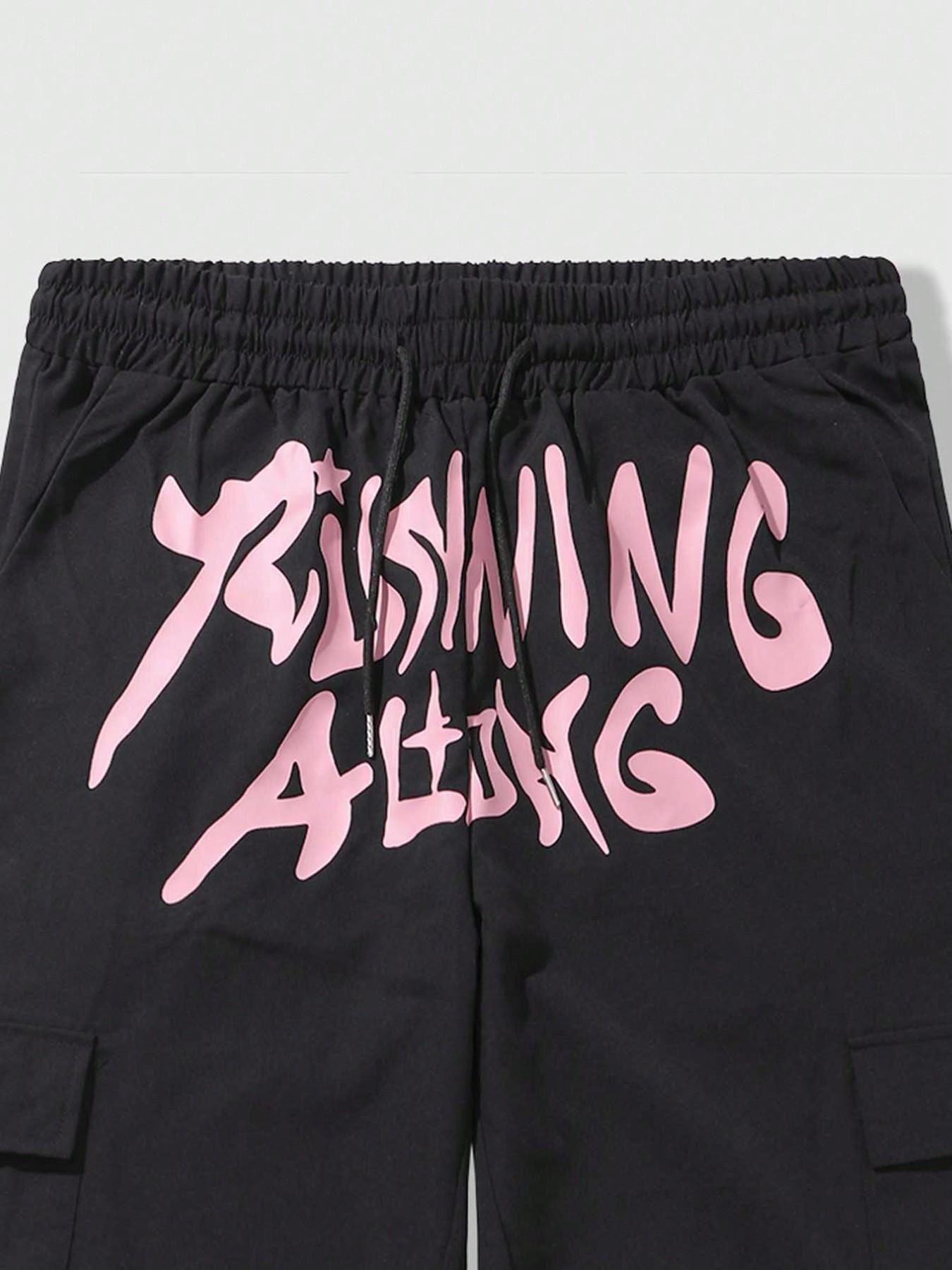 "Men's Black Pink Graffiti Graphic Wide Leg Cargo Pants | Y2K Streetwear Drawstring Casual Trousers for Daily Wear"