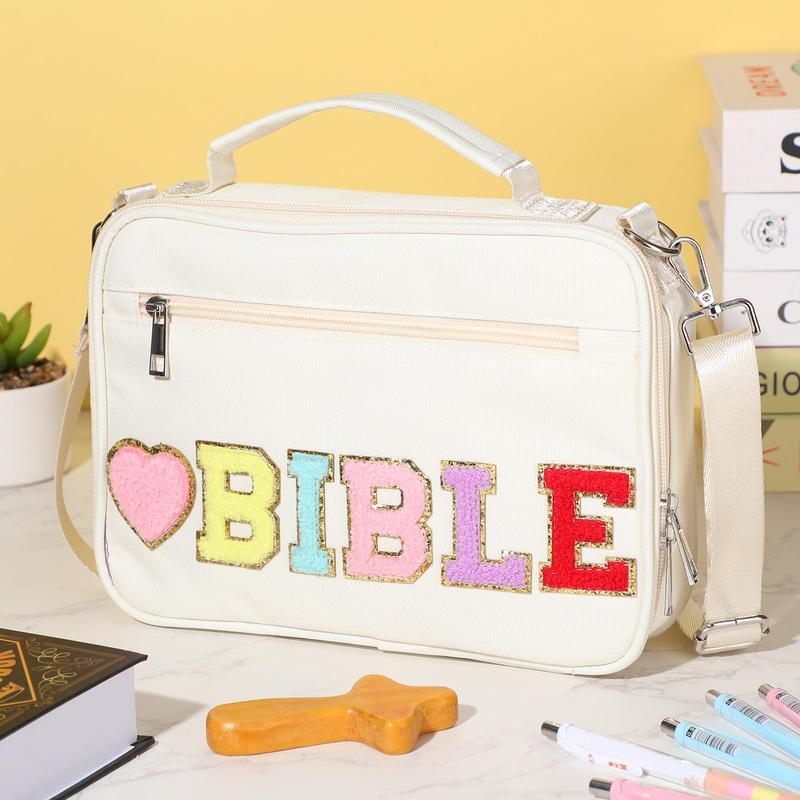 Bible Case for Christian Girl, Cute Bible Case Chenille Letter Bible Cover Case with Shoulder Strap Canvas Tote Carrying Bag Gift for Christian Teenagers Girl Student, Bible Study Supplies, Church Tote Bag, Easter Gift for Christian Daughter
