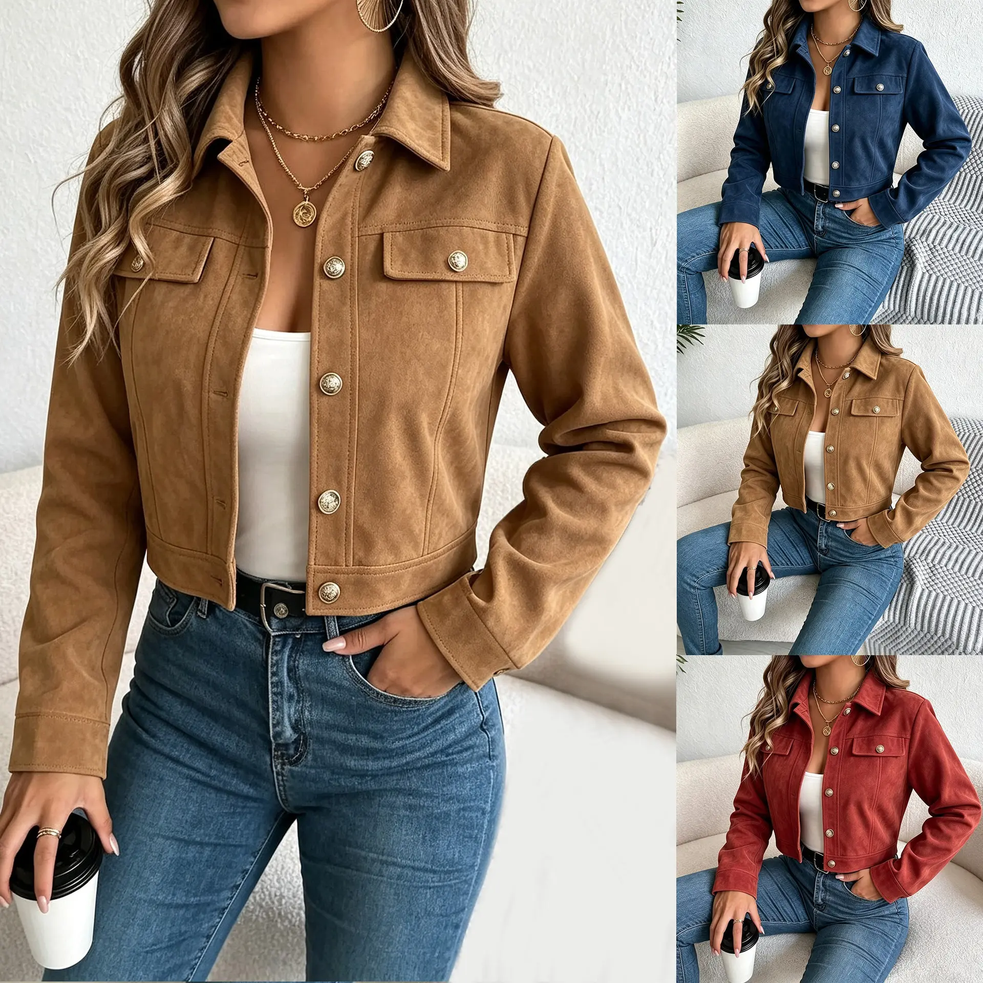 2026 autumn/winter collection: elegant, slim-fit, button-down, short suede jacket, a sophisticated outerwear piece