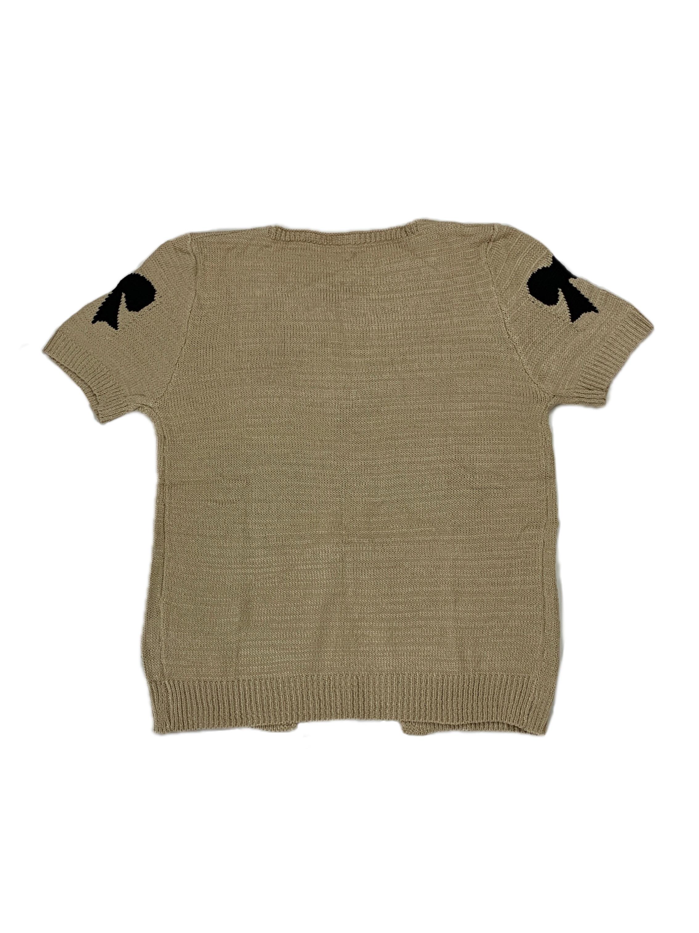 Playful Contrast Beige-black Bow Jacquard Design Tie-front Open Knitwear Cardigan, Casual Soft Neutral Short Sleeve Knits Sweater, 2026 Summer Coastal Vacation Cool Girl Fashion Sexy Tie Top, Coquette Aesthetic Fashion Style, Y2K Retro Vintage Style