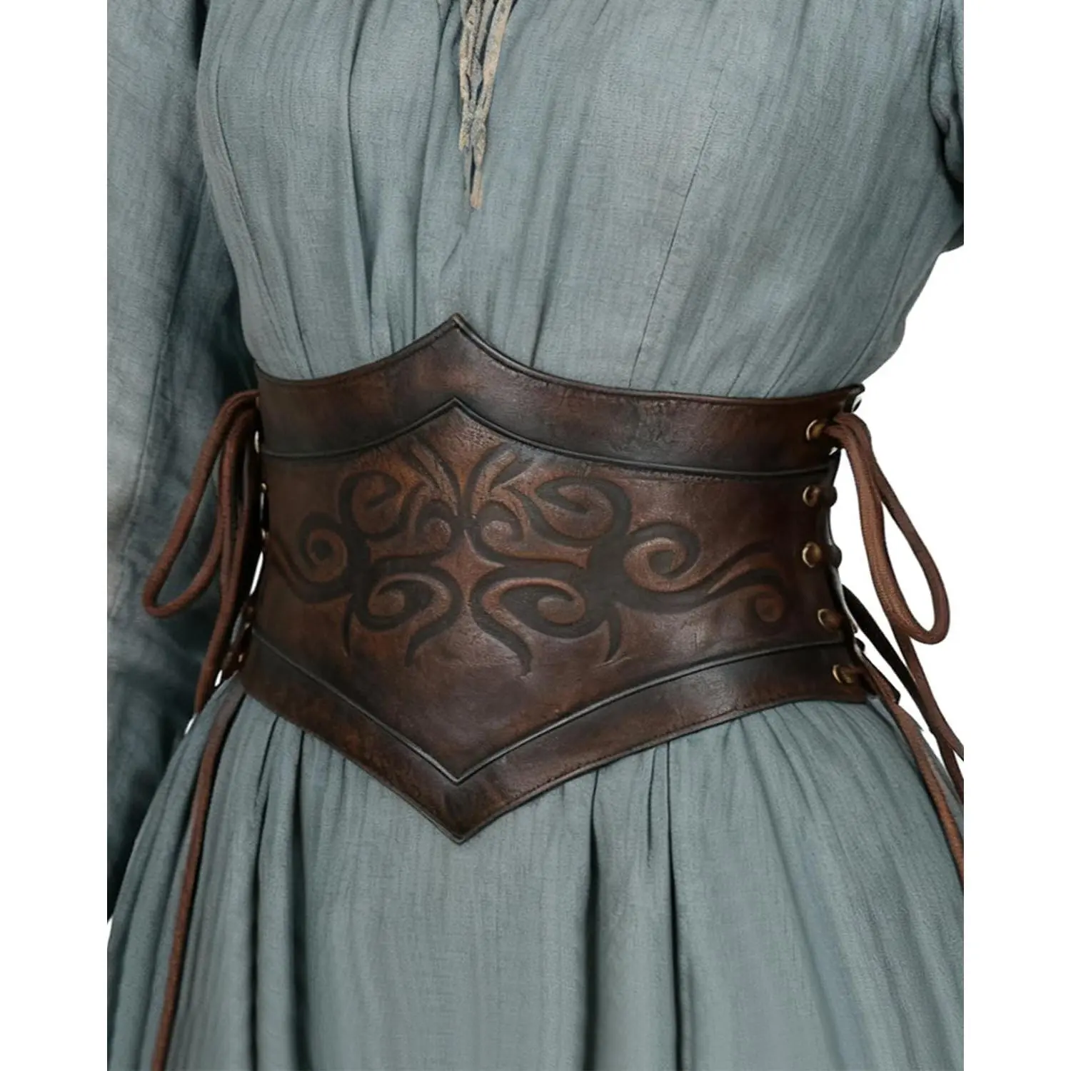 Women's Brown Leather Viking Medieval Corset Belt Wide Cinch with Adjustable Lace-Up, Elastic, Renaissance Pirate Fairy Ren Faire LARP Fantasy AccessoryGift