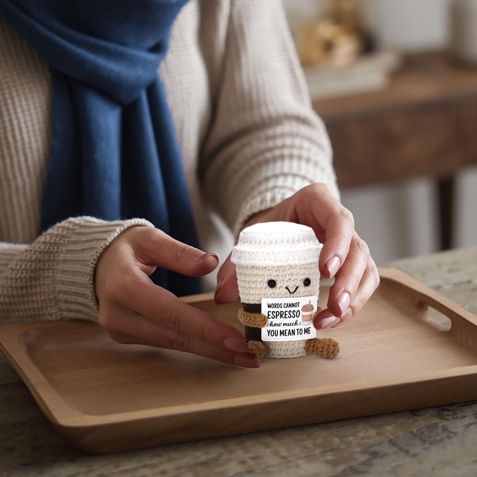 Knitted Yarn Handmade Look Soft Plush Coffee Cup Toy - Portable Pocket Pal, Keyring, Desk Buddy, Unisex Gift for Birthday Gifting