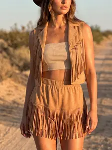 Women's Fringe Jacket and Shorts Set, Western Cowboy Style Two-Piece, Casual Loose-Fitting Crop Top and Short Pants
