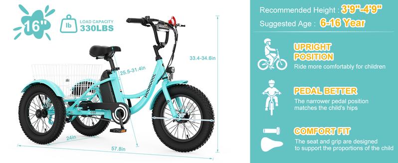MOONCOOL Electric Tricycle for Youth, 35 Miles 16IN 3.0 Fat Tire Electric Trike, 3 Wheels Electric Bicycle Bikes, 250W Aluminum Frame Electric Tricycle Etrike with Removable Battery and Basket