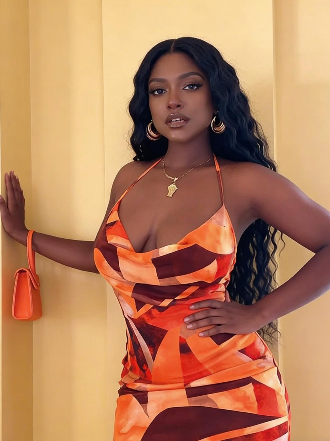 A set of women's casual contrasting printed neck hanging dress with a spicy girl style deep V slim fit hip hugging short skirt for vacation and dating, suitable for summer, suitable for home, indoor, and outdoor wear