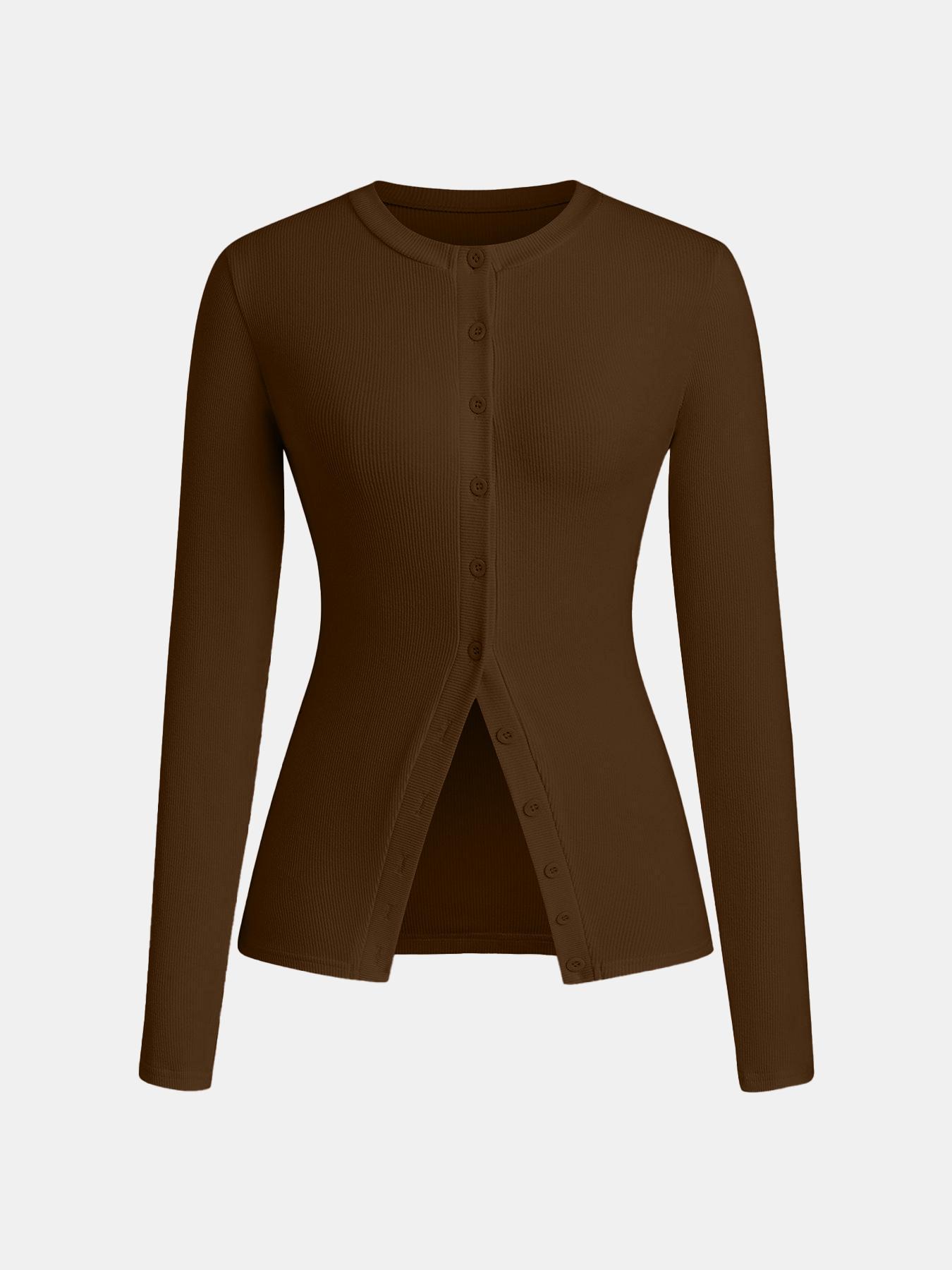 Women's Casual Round Neck Long Sleeve Button Front Top, Basic Solid Color Design, Extended Length, Perfect for Daily Wear, Womenswear