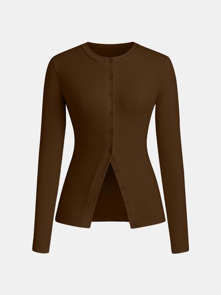 Women's Casual Round Neck Long Sleeve Button Front Top, Basic Solid Color Design, Extended Length, Perfect for Daily Wear, Womenswear