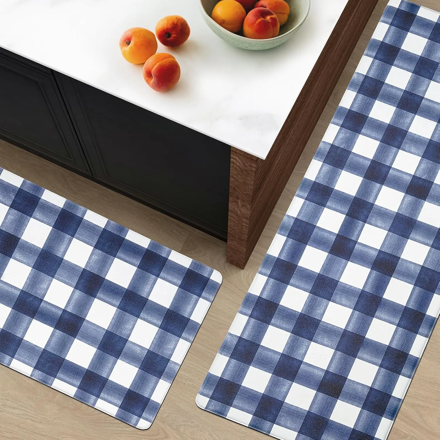 Navy Blue & White Plaid Anti-Fatigue Kitchen Set, Extra Long 71x24 in Runner plus 48x24 in Mat, Cushioned PVC Floor Comfort for Kitchen Counters and Sinks, Classic Coastal Cottage Style