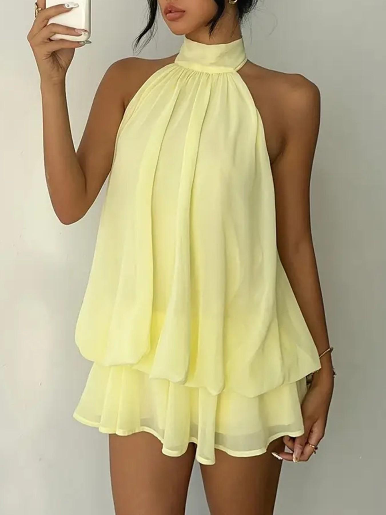 Women's Summer Casual Fashion Halter Tie Back Mini Dress, Slim-Fitting Elegant Sleeveless Dress for Party & Daily Wear