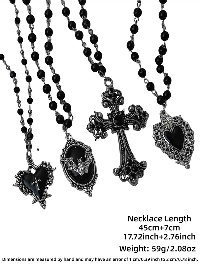 Gothic Bat Cross Heart Oil Pendant Necklace Set, Vintage Punk Unisex Beaded Chain, Party Personalized Jewelry Kit, Cross Necklaces