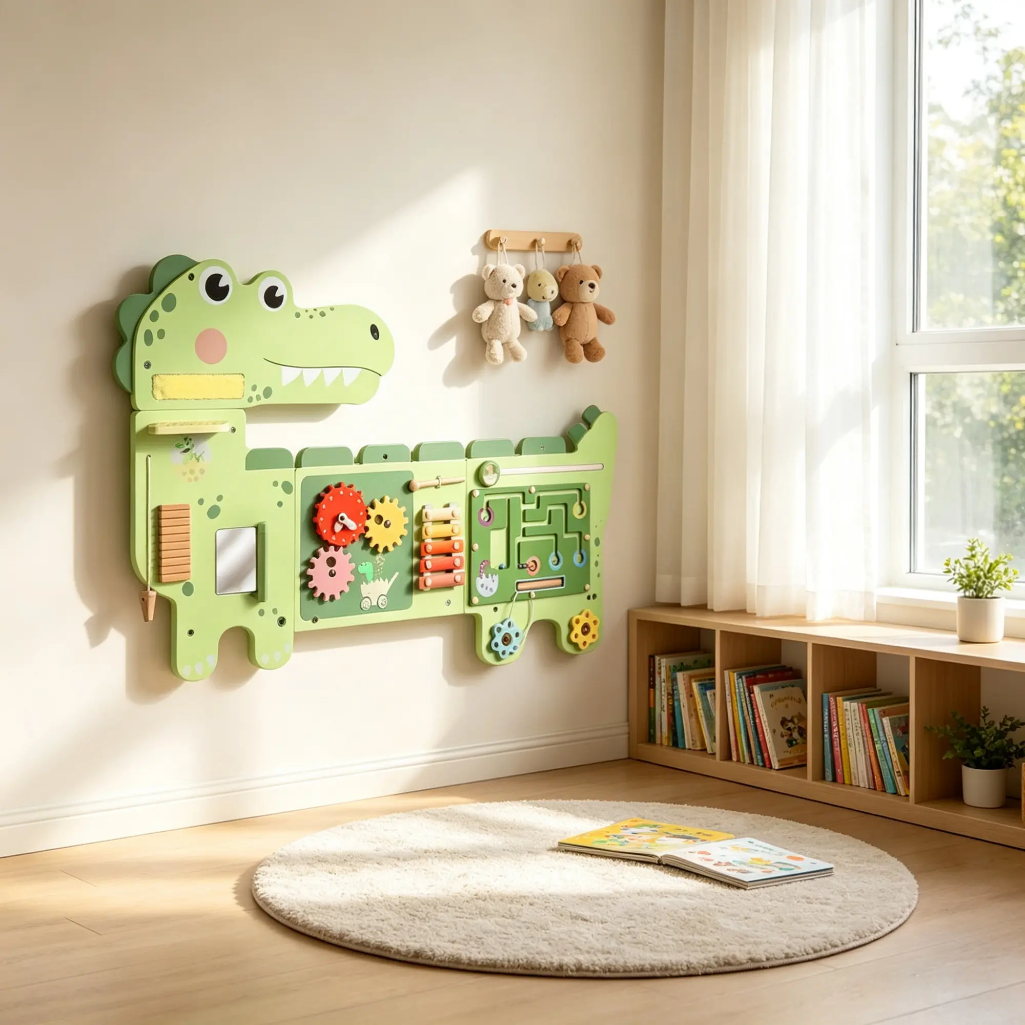 Green Dinosaur Wall-Mounted Sensory Busy Board, Montessori MDF Wood Sensory Wall Toy for Ages 2+, Tactile Play, 87x52x5.5cm