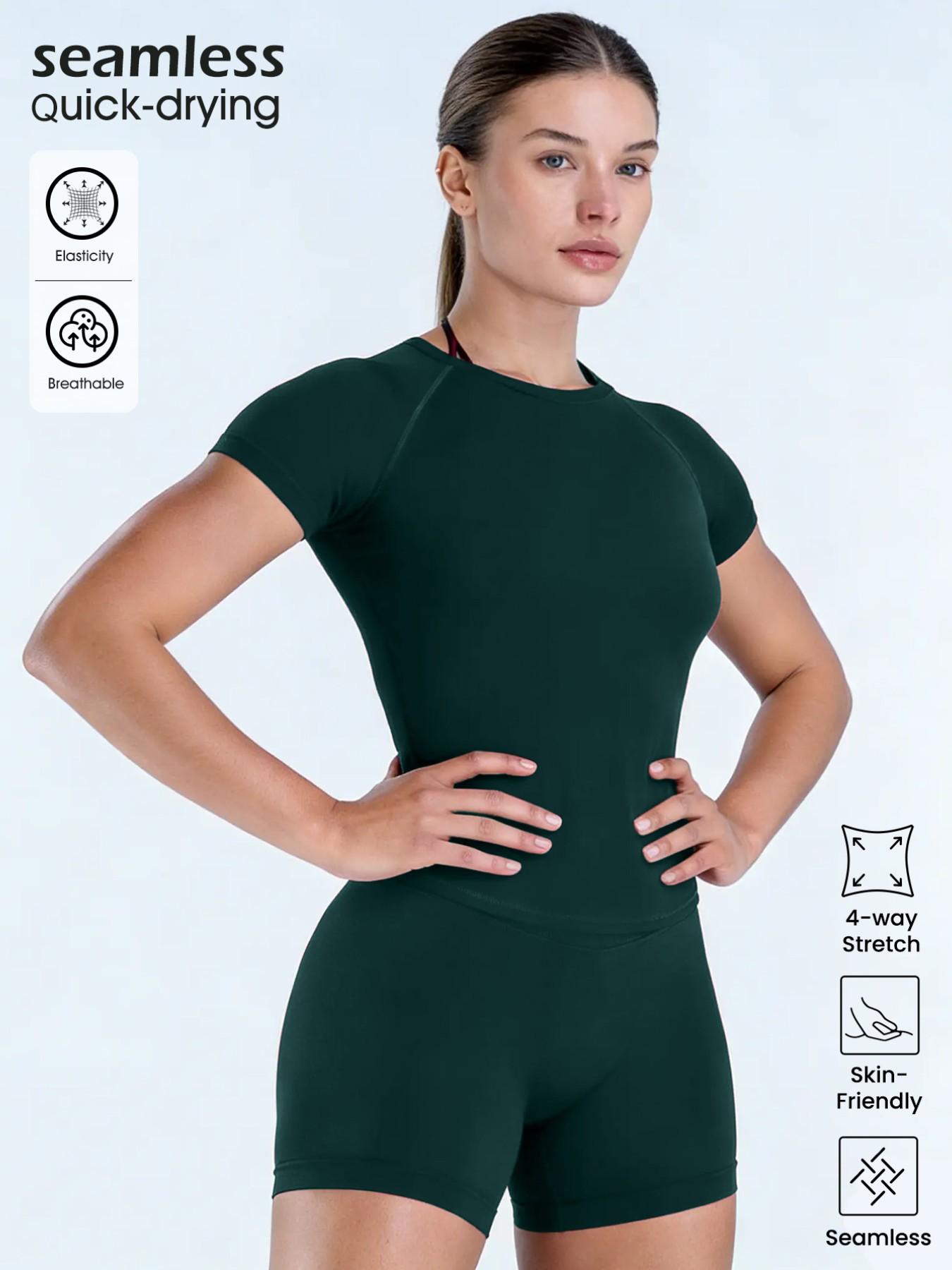 Women's New Nylon High Stretch Moisture Wicking Seamless Short Sleeve Fitness T-Shirt, Butt Coverage Long Sleeves