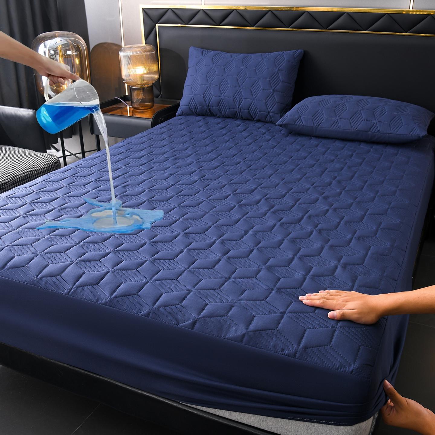 Waterproof Quilted Fitted Sheet Set - 3 Pieces (1 Mattress Cover + 2 Pillowcases), Deep Pocket, Navy Blue