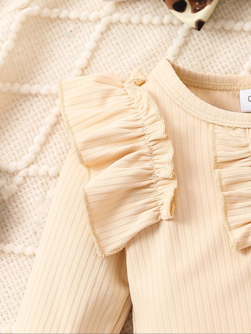 Three-piece Set Girl's Plain Ruffle Trim Bodysuit & Leopard Print Elastic Waist Pants & Hair Band Set, Casual Long Sleeve Round Neck Bodysuit & Trousers & Hair Band for Daily Wear, Kids Clothing for All Seasons, Girl Clothes, Essentials Set